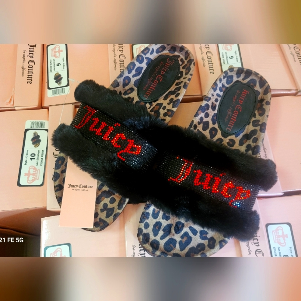 Juicy Animal Faux Fur Print Bling Logo Sandal Slide NWT